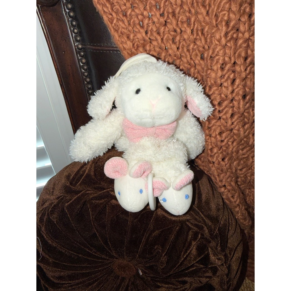 Soft Dreams Musical Pull Down Lamb Plush White Pink Nursery Stroller Toy 12 inch